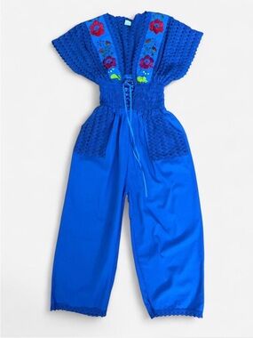 Artisanal Mexican Embroidered Jumpsuit Blue Crochet Lace Up Boho Folk Size 6